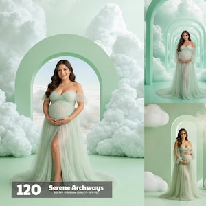 May include: A digital photography backdrop featuring a series of light mint green arches framed by fluffy white clouds. The scene includes three variations of a pregnant figure in a matching mint green off-the-shoulder tulle gown.
