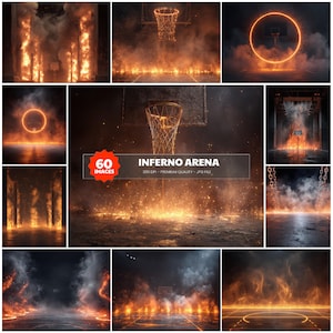 May include: A collage of images depicting a basketball court engulfed in flames. The images showcase fiery basketball hoops, glowing orange circles, and a smoky, inferno-like atmosphere. Text reads "Inferno Arena" and "60 Images".