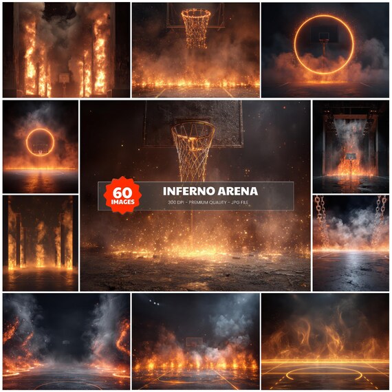 Fire Basketball Backdrop, Inferno Arena Background, Burning Hoop Overlay, Dark Concrete Court, Flames Digital Prop, 3D Render