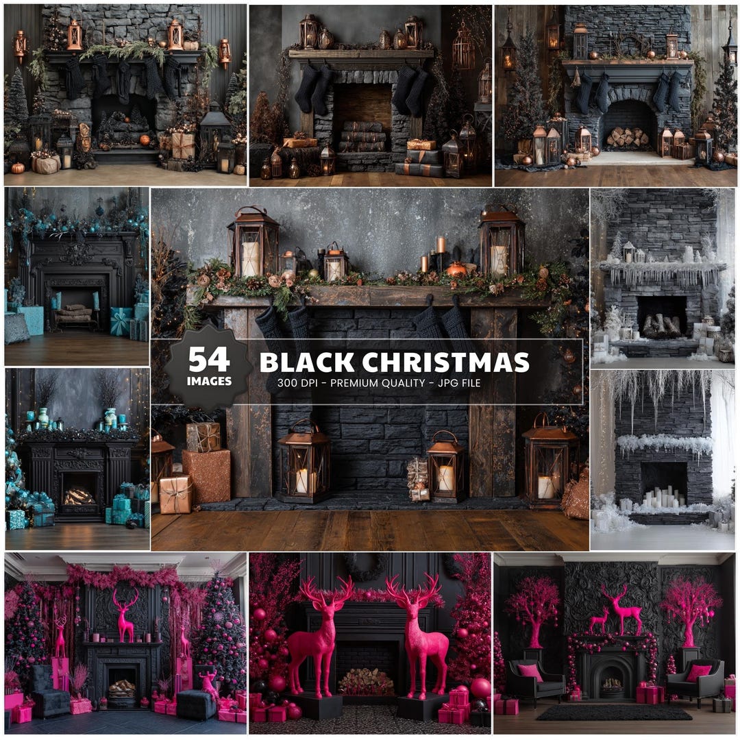 Dark Christmas Fireplace Digital Backdrop Bundle, Moody Holiday Overlay ...