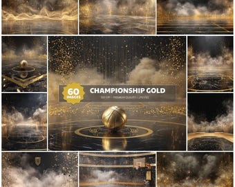Championship Gold Basketball Backdrop, VIP Arena Background, Confetti Sports Overlay, Black Marble Floor, Winner Photo Prop, High Res 3D