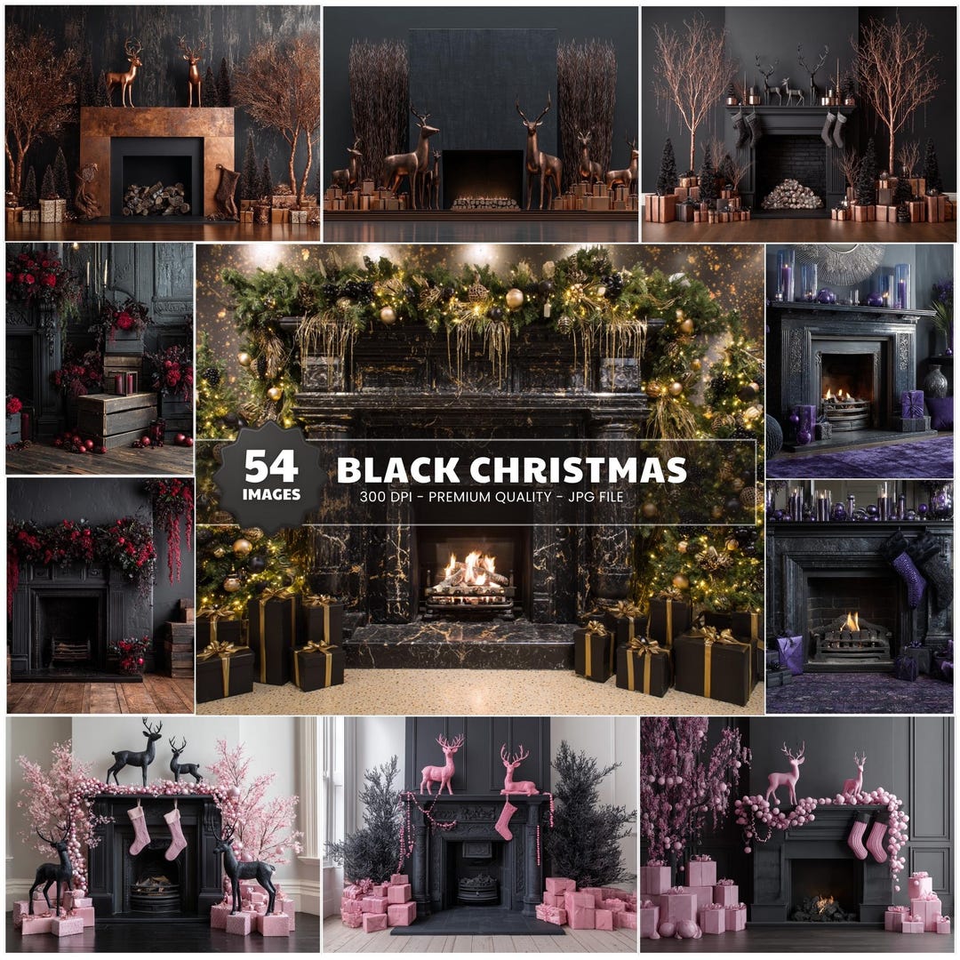 Dark Christmas Fireplace Digital Backdrop Bundle, Luxury Holiday Studio ...