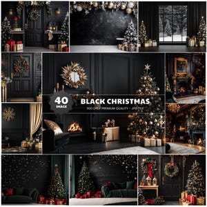 Könnte beinhalten: Eine Sammlung von 40 Bildern mit dem Thema Schwarze Weihnachten. Die Bilder zeigen dekorierte Weihnachtsbäume, Kränze und Geschenkboxen in verschiedenen Umgebungen, darunter Wohnzimmer und Türen. Die Farbpalette ist hauptsächlich Schwarz, Gold und Rot.