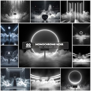 Könnte beinhalten: Eine Sammlung von Schwarz-Weiß-Bildern von Basketballplätzen mit Körben, Bällen und Neonlichteffekten. Die Bilder haben eine rauchige Atmosphäre. Der Text "MONOCHROME NOIR" wird auf einem Banner zusammen mit "60 IMAGES" angezeigt.