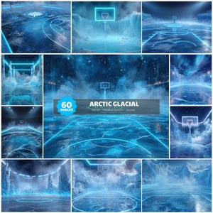 May include: A collection of digital art images featuring basketball courts with an arctic glacial theme. The images are predominantly blue and white, with glowing neon lines outlining the court and backboards. The text "ARCTIC GLACIAL" is displayed.