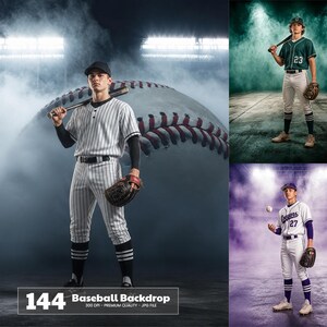 May include: A digital photography backdrop featuring a large baseball graphic with red stitching, stadium lights, and atmospheric fog. The image includes three distinct scenes of baseball players in uniforms, with text reading 144 Baseball Backdrop.