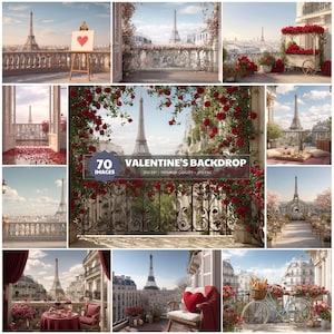 以下が含まれることがあります： エッフェル塔、赤いバラ、パリのバルコニーをフィーチャーした、ロマンチックなバレンタインデーの背景のコレクション。ハート型の絵画のあるバルコニー、ロマンチックなディナー用のテーブル、花のバスケットが付いた自転車など、さまざまなシーンが含まれています。