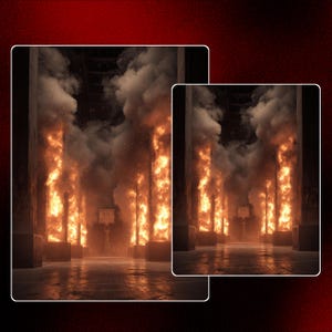 May include: An artistic rendering of a basketball court engulfed in flames. Columns of fire line the court, with smoke billowing upwards. The scene is framed within a dark, rectangular border, creating a dramatic and intense visual.