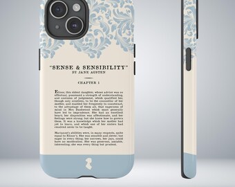 May include: A phone case featuring the cover of "Sense & Sensibility" by Jane Austen. The design includes a light blue and cream color scheme with floral patterns and text from the novel. The bottom has a light blue band with a silhouette.