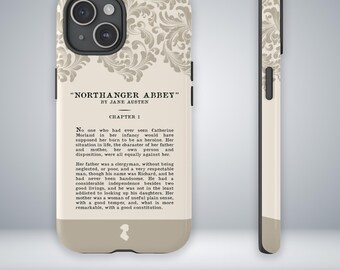 May include: A phone case featuring the text "NORTHANGER ABBEY" by Jane Austen. The case has a beige and cream color scheme with a floral design at the top. The bottom of the case is a solid beige color. The words "JANE AUSTEN SERIES" are at the bottom.