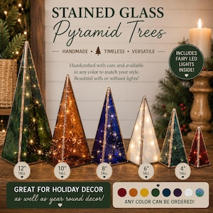 May include: A collection of stained glass pyramid trees, ranging from 10 cm to 30 cm in height, with fairy LED lights. The text reads "Stained Glass Pyramid Trees" and "Great for holiday decor as well as year round decor!" and "Any color can be ordered!"