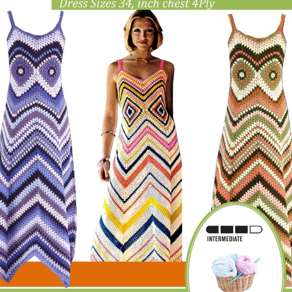 Instant Download VKNC262 Vintage  Crochet Ladies Dress Pattern cool cotton summer dress chevron hippy INSTANT DOWNLOAD