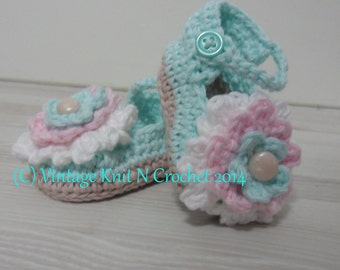 VKNC420. Baby Pram Shoes  age newborn 0-3 & 3-6  6 -12 months  crochet Pattern girls easter /summer shoes