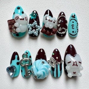 Chocolate Mint Kawaii Cat Press On Nails | 3D Handmade Almond Nail Set | Y2K Japanese Cute Nails | Reusable False Nails
