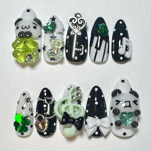 One of a Kind 3D Kawaii Press On Nails | Handmade Japanese Nail Art | Black White Green Y2K Nails