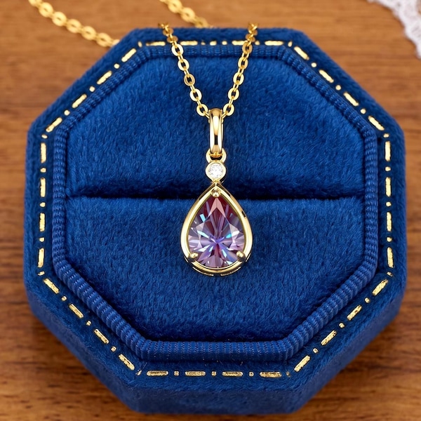 Sterling Silver Alexandrite Pendant Necklace | Pear Cut Color-Change Stone, Cable Chain