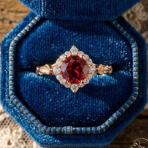 Può includere: Un anello in oro rosa con una grande gemma rossa rotonda al centro, circondata da diamanti più piccoli. L'anello è contenuto in un portagioie di velluto blu. La fascia dell'anello presenta delicati dettagli a forma di foglia. Il portagioie è aperto.