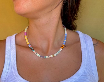 Seed Bead Necklace, Bohemian Statement Jewelry, Colorful Summer Accessory