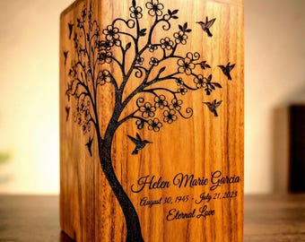 Wooden Cremation Urn – Tree of Life Engraved | Handmade Wooden Urn for Human Ashes | Memorial, Funeral, Keepsake Urn