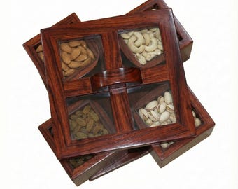 Handmade Rosewood Dry Fruit Box | 4-Compartment Snack Organizer