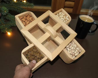 Handmade Beechwood Dry Fruit Box | Expanding 4-Compartment Snack Organizer