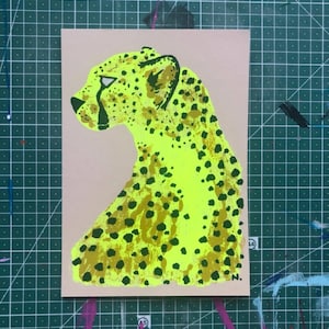 Cheetah, Original A5 Mono print; Neon yellow & mustard with dark green details