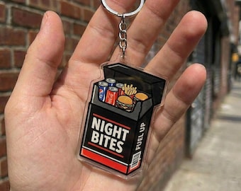 Night Bites Keychain Cute Hamburger Bag Charm Kawaii Fast Food Acrylic Keyring Creative Gift