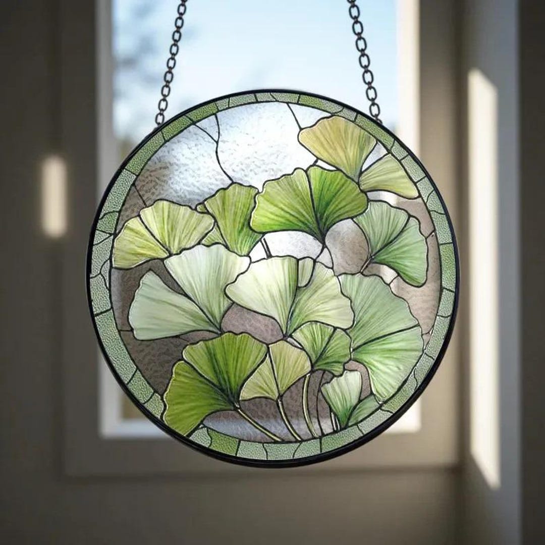 Gingko Window Round Ginkgo Leaf Stained Glass Suncatcher, Ginkgo Window Hanging - Etsy
