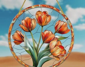 Orange Tulip Suncatcher Window Hanging, Tulip Flower Stained Glass Style Decor, Floral Window Ornament, Garden Lover Gift
