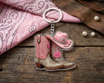 Personalized Pink Cowboy Boots Keychain Custom Name Cowgirl Hat Keyring Western Aesthetic Accessory Country Girl Gift