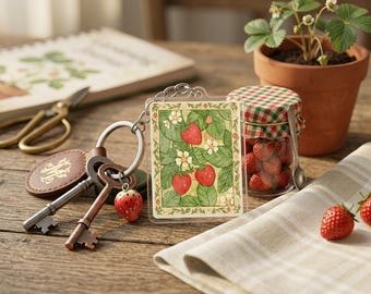 Vintage Strawberry Garden Keychain, Cottagecore Aesthetic Acrylic Charm, Cute Fruit Art Gift for Her