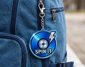 Blue Vinyl Record Keychain Spin It Bag Charm Retro Music Lightning Acrylic Keyring Cute Gift