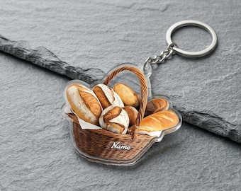 Personalized Bread Basket Keychain, Custom Name Baker Gift, Bakery Owner Keyring, Pastry Chef Gift
