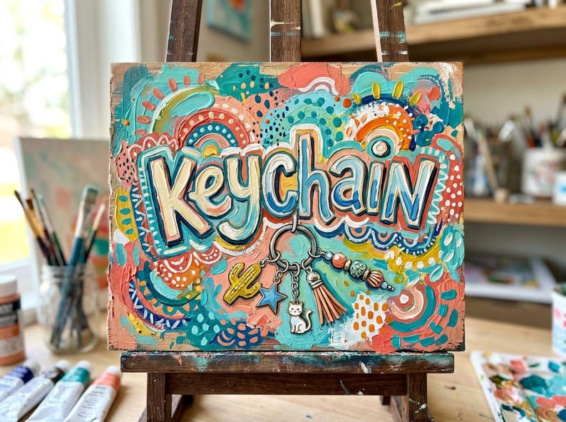 May include: A wooden artwork with the word "Keychain" painted in bold letters. The painting showcases a keychain with charms, including a cactus, star, cat, and tassel. The background is a mix of teal, orange, and white brushstrokes.