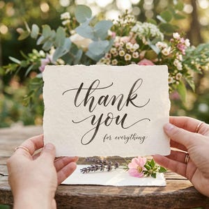 May include: A textured paper card with the words "thank you for everything" in cursive script. The card is held in front of a bouquet of flowers with pink and white blooms and green foliage.
