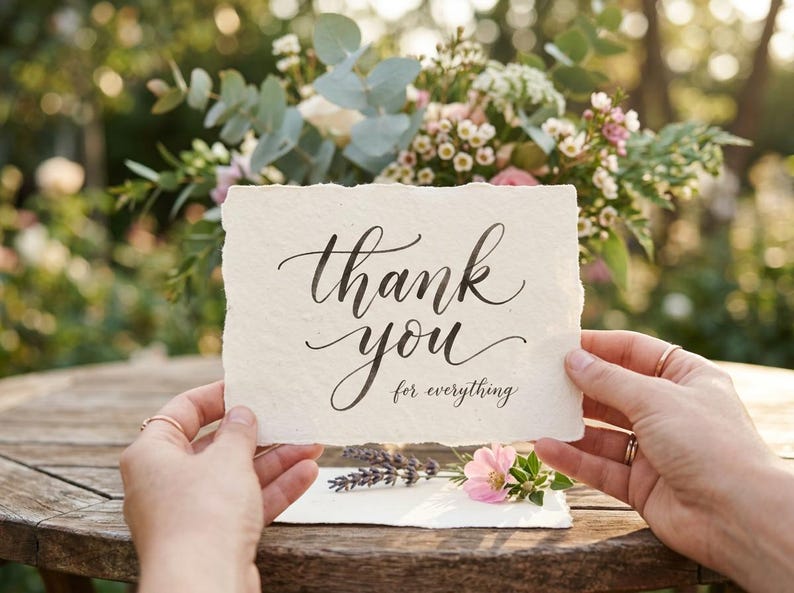 May include: A textured paper card with the words "thank you for everything" in cursive script. The card is held in front of a bouquet of flowers with pink and white blooms and green foliage.