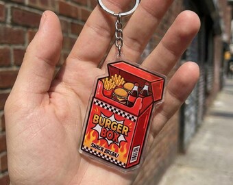 Burger Box Keychain Red Hamburger Bag Charm Kawaii Fast Food Acrylic Keyring Snack Break Gift