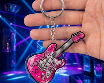 Pop Star Live Keychain Pink Guitar Bag Charm Neon Music Aesthetic Acrylic Keyring Cute Gift