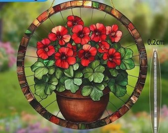 Red Geranium Suncatcher Window Hanging, Flower Pot Stained Glass Style Decor, Floral Window Ornament, Garden Lover Gift