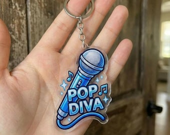 Pop Diva Keychain Blue Microphone Bag Charm Neon Music Aesthetic Acrylic Keyring Concert Gift