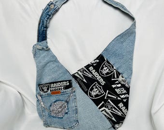 Upcycled Denim Raider sports tote bag purse