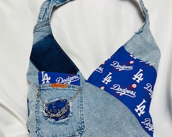 Upcycled Denim Dodgers Hobo Bag, Recycled Jean Tote Purse