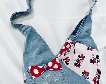Upcycled Denim Minnie Mouse tote bag, disney bag, hobo purse, gym, laptop bag