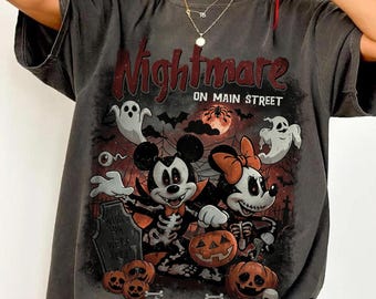 Koszula vintage „Koszmar na głównej ulicy”, koszulka retro „Myszka Miki i Minnie” z motywem horroru na Halloween, upiorny strój Disney Squad, prezent inspirowany klasycznym filmem