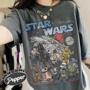 Camiseta vintage de Star Wars, camiseta retro de ciencia ficción, gráfico de dibujos animados de Darth Vader, estampado del Halcón Milenario, atuendo estético para geeks.