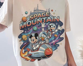 Maglietta Disney Space Mountain, maglietta con Topolino, Paperino e Pippo a tema spaziale, grafica vintage a cartoni animati, maglietta per vacanze in famiglia, regalo per un viaggio a Disneyland