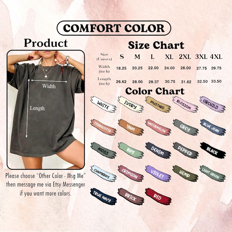 Pu&ograve; includere: Immagine di una t-shirt Comfort Color con tabella taglie e colori. La tabella taglie elenca taglie unisex S-4XL, con larghezze da 46,35 cm a 75,57 cm. La tabella colori mostra vari colori, tra cui bianco, avorio e senape.