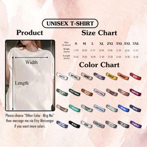 Pu&ograve; includere: Una tabella delle taglie e dei colori delle t-shirt unisex. La tabella include le taglie dalla S alla 5XL, con misure di larghezza da 45,69 a 81,10 cm e lunghezze da 71,12 a 88,90 cm. Una tabella dei colori mostra vari colori, tra cui bianco, naturale, sabbia e rosso.