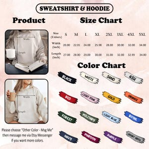 Pu&ograve; includere: Tabella delle taglie e dei colori per felpe e felpe con cappuccio. Taglie dalla S alla 5XL, con larghezze da 50,8 a 86,36 cm e lunghezze da 68,58 a 86,36 cm. Opzioni di colore: nero, bianco, rosso e altre tonalit&agrave;.