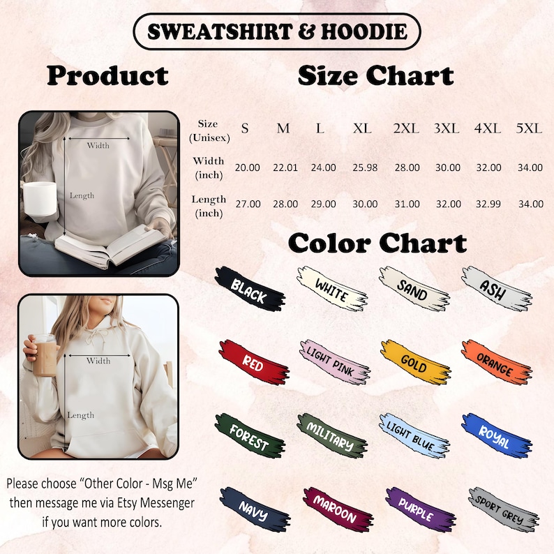 Pu&ograve; includere: Tabella delle taglie e dei colori per felpe e felpe con cappuccio. Taglie dalla S alla 5XL, con larghezze da 50,8 a 86,36 cm e lunghezze da 68,58 a 86,36 cm. Opzioni di colore: nero, bianco, rosso e altre tonalit&agrave;.